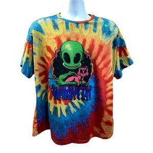 Tie dye UFO Alien Cat Kitten Hippie Shirt XL 23x27 Stretch material